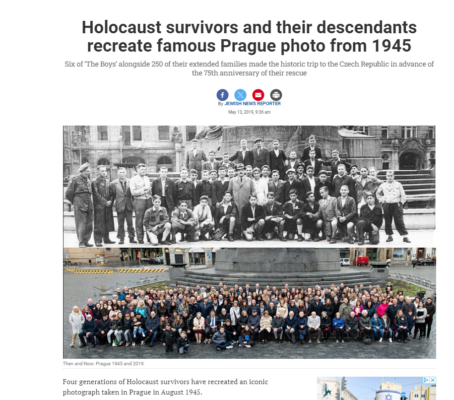 Holocaust survivors and their descendants recreate famous Prague photo from 1945